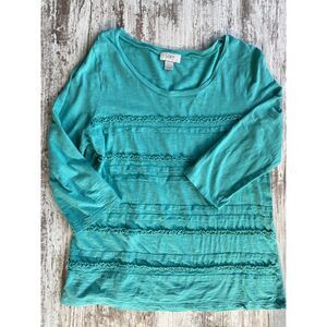 Ann Taylor Loft sz L women's t-shirt 3/4 sleeve ruffles blue green 100% cotton
